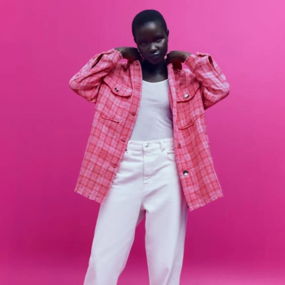 NWT ZARA WOVEN PLAID OVER SIZE SHIRT PINK / WHITE XS - Picture 7 of 8